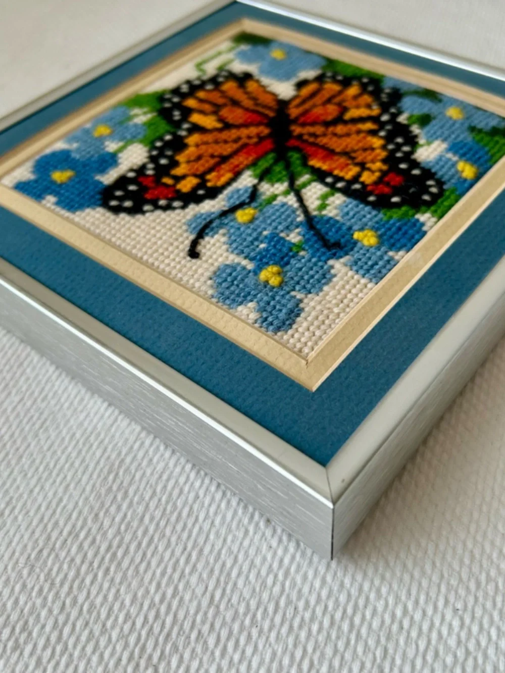 Vintage Needlepoint Butterfly with Blue Flowers Framed Matted 7" x 7" x 1" - Picture 6 of 10